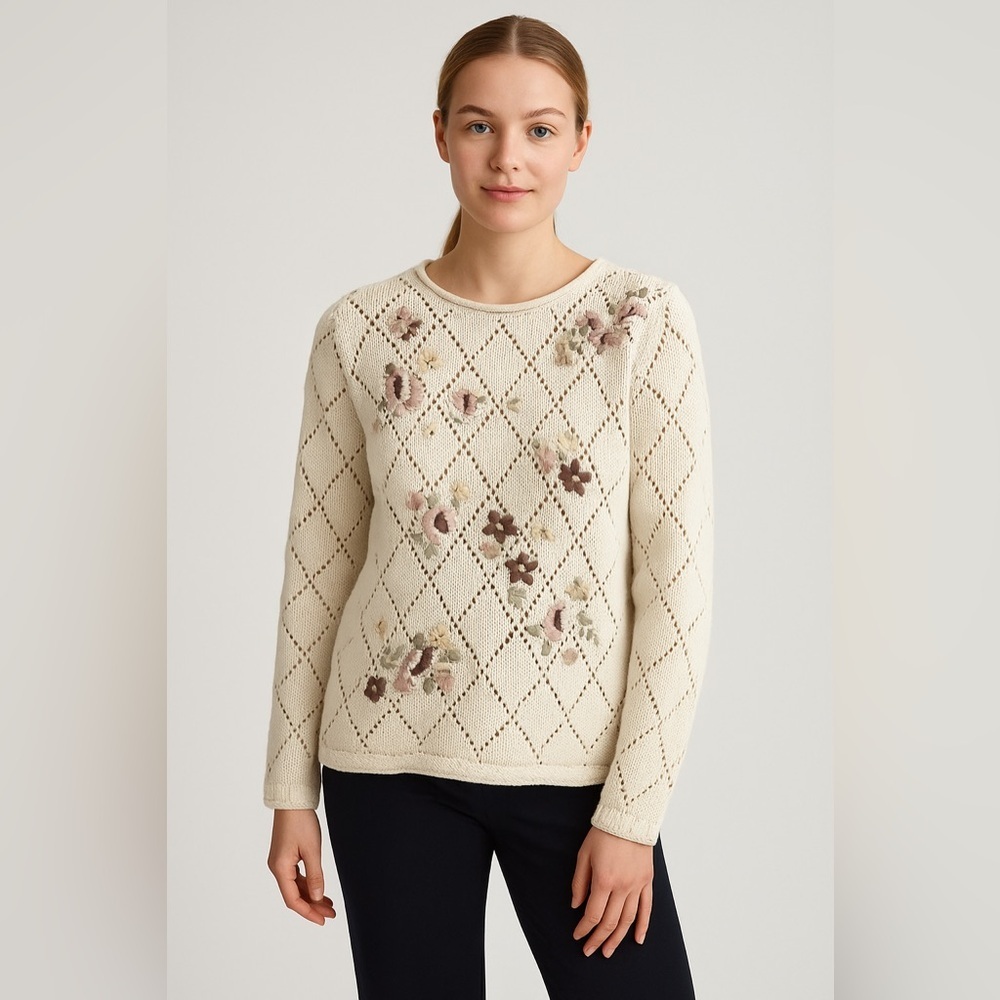 Nwot Vintage Van Heusen Hand Embroidered Open Knit Floral Sweater Size Medium